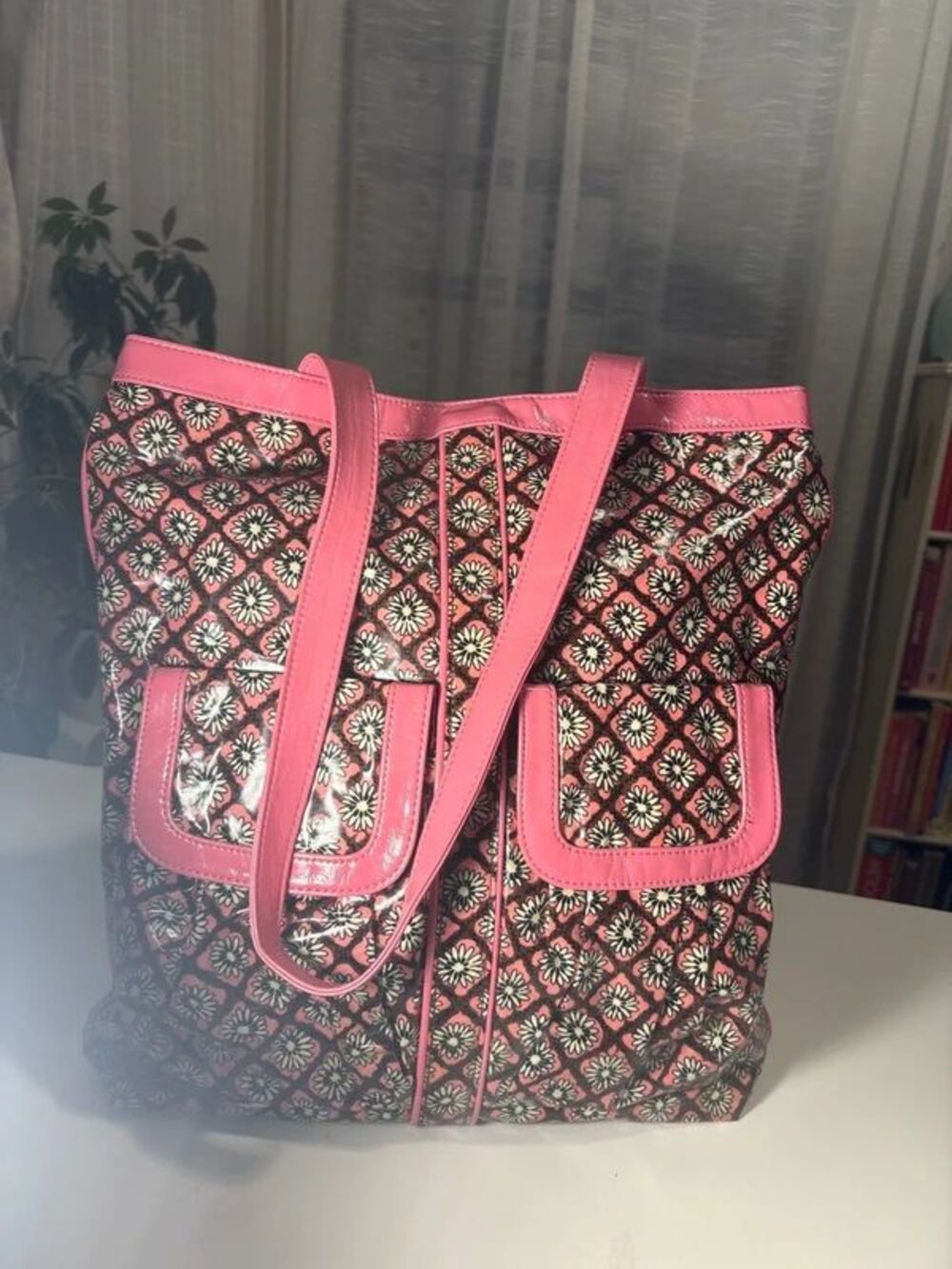 Vintage Vera Bradley "Frill" All-In Tote Bag Coated Vinyl Mocha Rogue Daisy